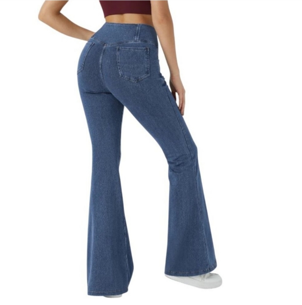 Halara Flex High Waisted Crossover Super Flare Stretch Blue Jeans Women's Medium